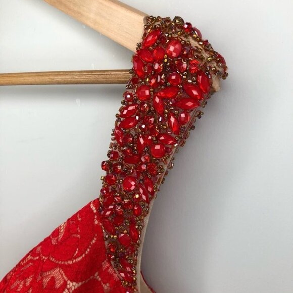 Fengye Loman Red Beaded Lace Floor Length  Prom Dress 8 - Picture 5 of 12